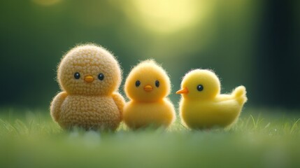 Three adorable fluffy yellow chicks sitting in the grass.  Sweet springtime scene.