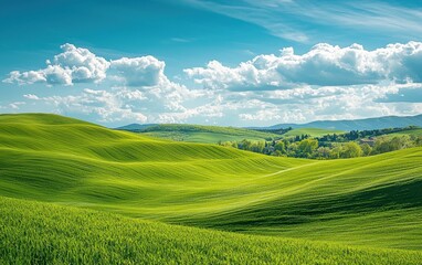 Obraz premium Rolling Green Hills Beneath A Bright Spring Sky