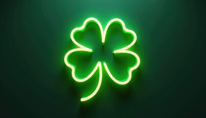 Vibrant Neon Green FourLeaved Clover Against Dark Background on St. Patrick's Day. A neon green four leaf clover on a dark background.