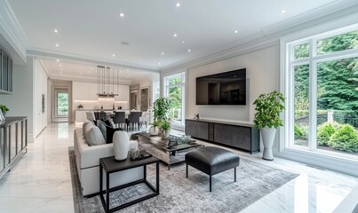 Fototapeta premium Modern luxury living room with open kitchen and garden views.