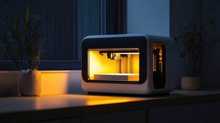3D Printer in Action: Illuminated Workspace at Night