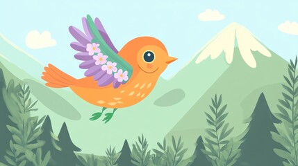 Naklejka premium Happy bird flying over mountains, spring landscape, nature illustration, kids book