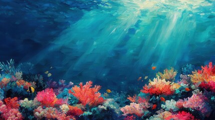 Obraz premium Vibrant Underwater Scene with Colorful Coral and Sunlight Rays