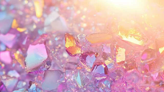 Close-up of pink crystal formations with sparkling light reflections. Macro shot of mineral structure with geometric shapes. Jewelry, spa services, geology. Horizontal video
