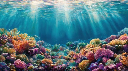 Fototapeta premium Vibrant Coral Reef Underwater Scene with Sunlight and Marine Life