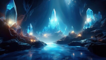 Obraz premium Glowing crystals rise from serene waters in a hidden cave, casting an enchanting glow around.