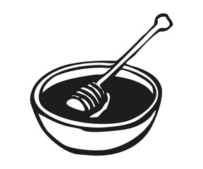 Bowl filled with honey and honey dipper. Hand-drawn black outline illustration isolated on white background. Natural sweet food ingredient for design and print