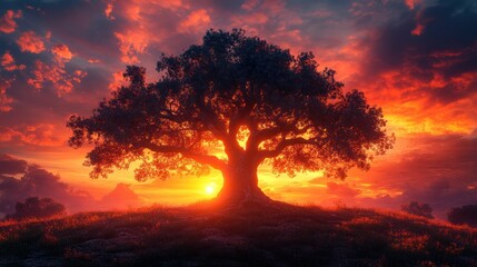 Majestic oak tree silhouetted against fiery sunset