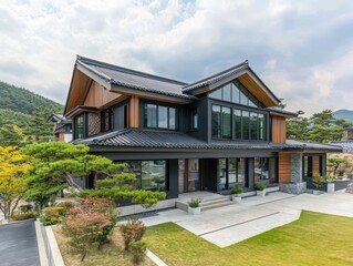 A modern two story house with extensive landscaping and mountains