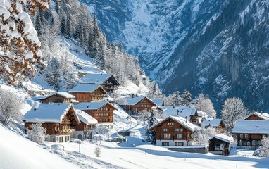 Traditional Swiss Mountain Village Covered In Snow