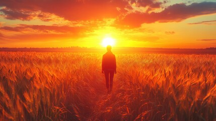 Fototapeta premium Silhouetted figure walks golden wheat field sunset