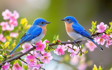 Obraz premium Vibrant Bluebirds Perched On A Flowering Branch