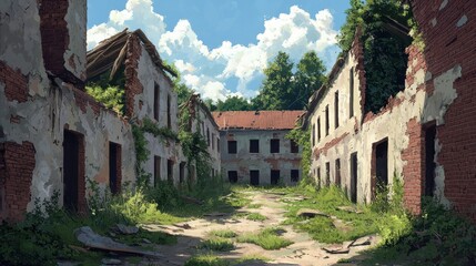 Abandoned Building with Overgrown Vegetation and Clear Blue Sky