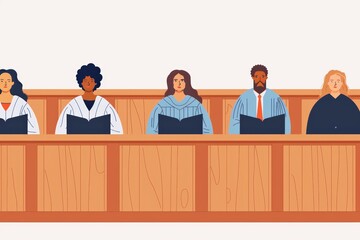 Modern courtroom with five diverse individuals sitting as jury members in a wooden jury box, wearing formal attire, symbolizing inclusivity, impartiality, and equality in justice.