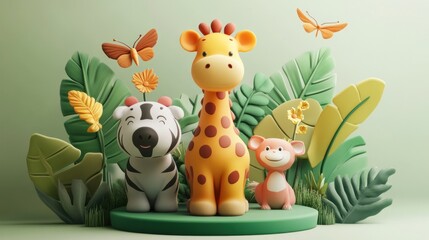 A colorful artistic illustration of animal friends in a jungle environment