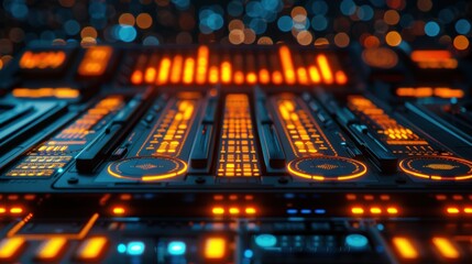 Audio mixing console with glowing orange lights, futuristic knobs, sliders, and digital interfaces representing innovation, technology, and music production in a modern setting.