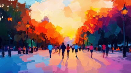 Vibrant Autumn Sunset in City Park with People Strolling and Relaxing