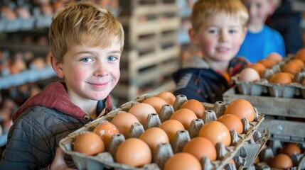 Smiling children holding cartons of eggs in lively classroom farm setup, demonstrating hands-on learning about farming, nutrition, and sustainability in an engaging environment.