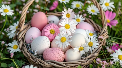 Basket filled with pastel-colored eggs and daisies placed in a vibrant outdoor garden, symbolizing renewal, beauty, and cultural significance in ceremonial or ritualistic offerings...