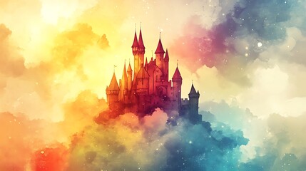 A colorful watercolor painting showing a fairytale castle on clouds