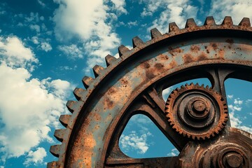 Rusty Industrial Gear Wheel Against Vivid Blue Sky with Fluffy Clouds Machinery Detail