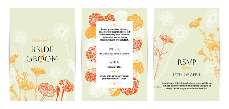 Colorful saturated and bright beautiful wedding invitations. Modern and joyful A4 vector format design with highly detailed flowers for print and online usage. Happy hand drawn marigold illustrations