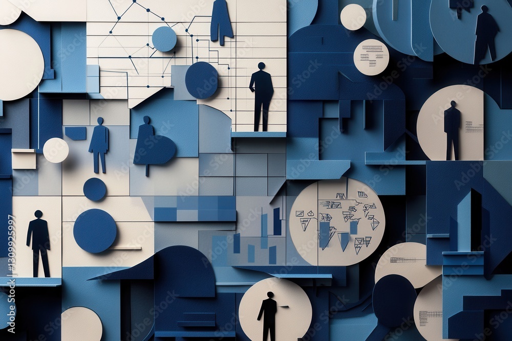 Poster Symbolizing political analysis through layered paper art with sophisticated charts and silhouettes in structured design Generative AI