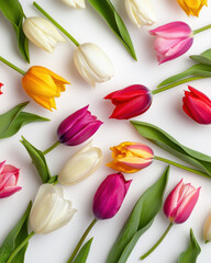 Obraz premium Flat Lay of Colorful Tulips on White Background, Vibrant Floral Arrangement