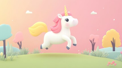Unicorn leaping pastel landscape sunset, children's book illustration