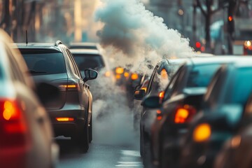 Obraz premium Closeup car exhaust pipe with visible CO2 smoke billowing out. Carbon emissions and global warming. Environmental problem with diesel and fossil fuels burning. Dioxide impact from urban traffic jams