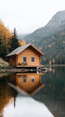Obraz premium Serene Wooden Lake House Mountain Autumn Reflection