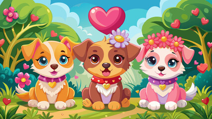 Naklejka premium Adorable Puppies with Heart-Shaped Accessories in Natural Setting
