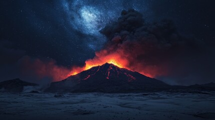 Erupting Volcano Under Starry Night Sky with Fiery Lava Flow