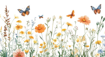PNG Colorful wildflowers and butterflies in a meadow illustration colorful art.