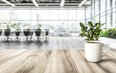 Certificate on a desk with a coffee cup, in an empty office with a blurred backdrop, symbolizing achievement in a business context