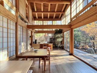 A spacious modern house interior with wooden frames and glass windows