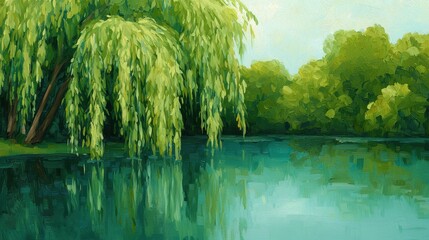 Tranquil Landscape with Lush Green Trees by Calm Still Water