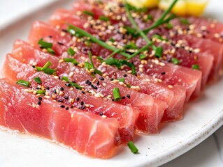 Fresh Tuna Sashimi with Garnish of Chives and Sesame Seeds on White Plate, Close-Up, Vibrant Colors, Culinary Art, Gourmet Dining, Healthy Food