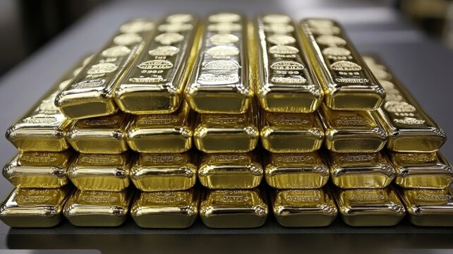 Stacked gold bars shine brightly in secure storage facility during late afternoon light