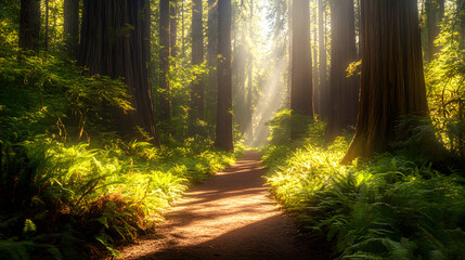 Obraz premium A forest trail leading through ancient redwood trees, with sunlight filtering down 