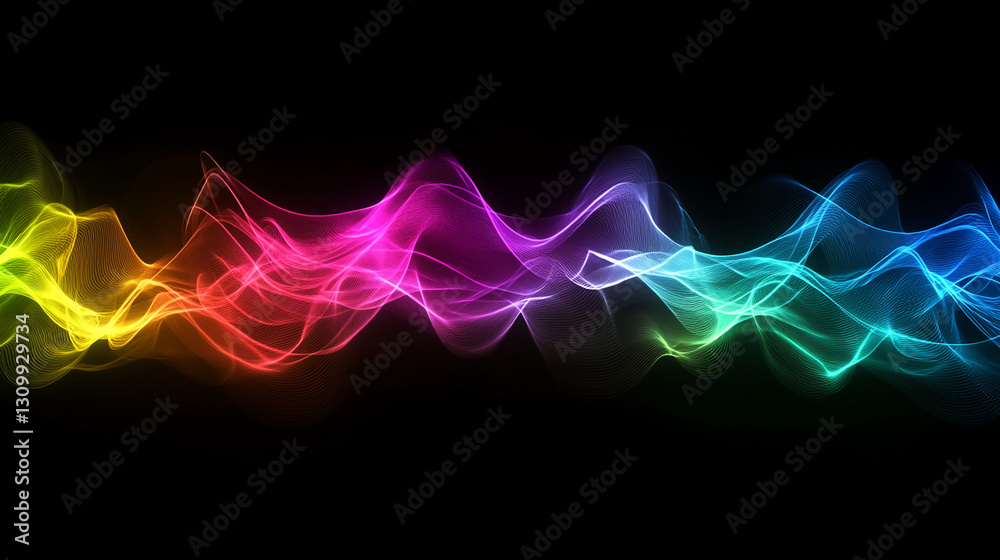 Poster Rainbow-colored translucent waves flow across a black background, creating a vibrant and dynamic design, ideal for banner or wallpaper use, showcasing energy and movement