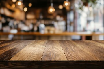 Empty brown wooden table with blurred background in coffee and bakery shop concept