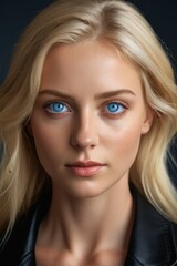 Naklejka premium blond woman with blue eyes and a black leather jacket