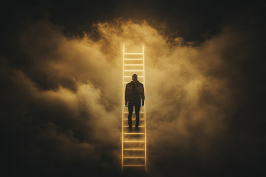 Silhouette of a man ascending a glowing ladder into a mysterious cloud-filled sky, evoking themes of enlightenment and transcendence.