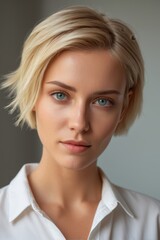 blond woman with blue eyes and a white shirt posing for a picture