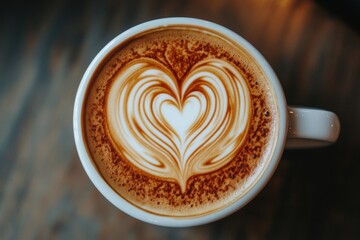 An aerial view showcases expertly crafted latte art with a heart design in a white coffee cup. The warm, inviting ambiance of a cozy cafe enhances the moment captured in stunning detail