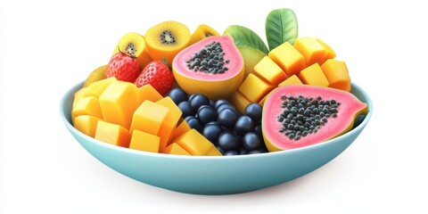 Realistic 3D Icon Cartoon of A Bowl of Mixed Exotic Fruits Including Pitaya and Papaya
