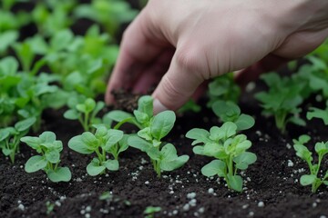 gardener hand gently tending to young seedlings in rich soil, showcasing growth and care in nurturing environment 