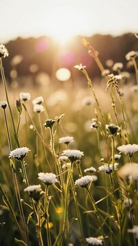 Flowers in a meadow with bokeh background, slow forward dolly push in