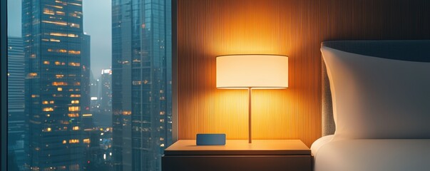 Hotel keycard on a nightstand, in an empty room with a cityscape, blending travel and business in a professional setting